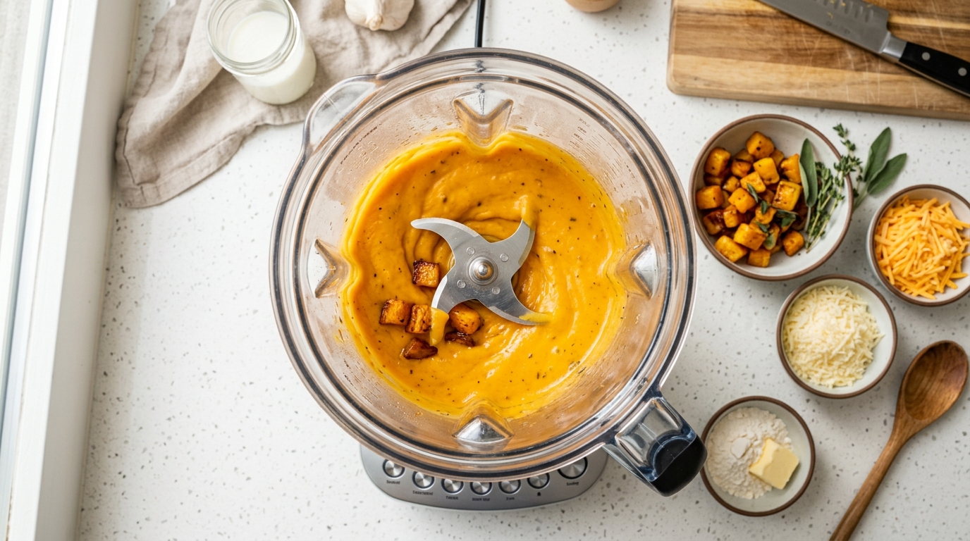 Blending roasted butternut squash into cheese sauce