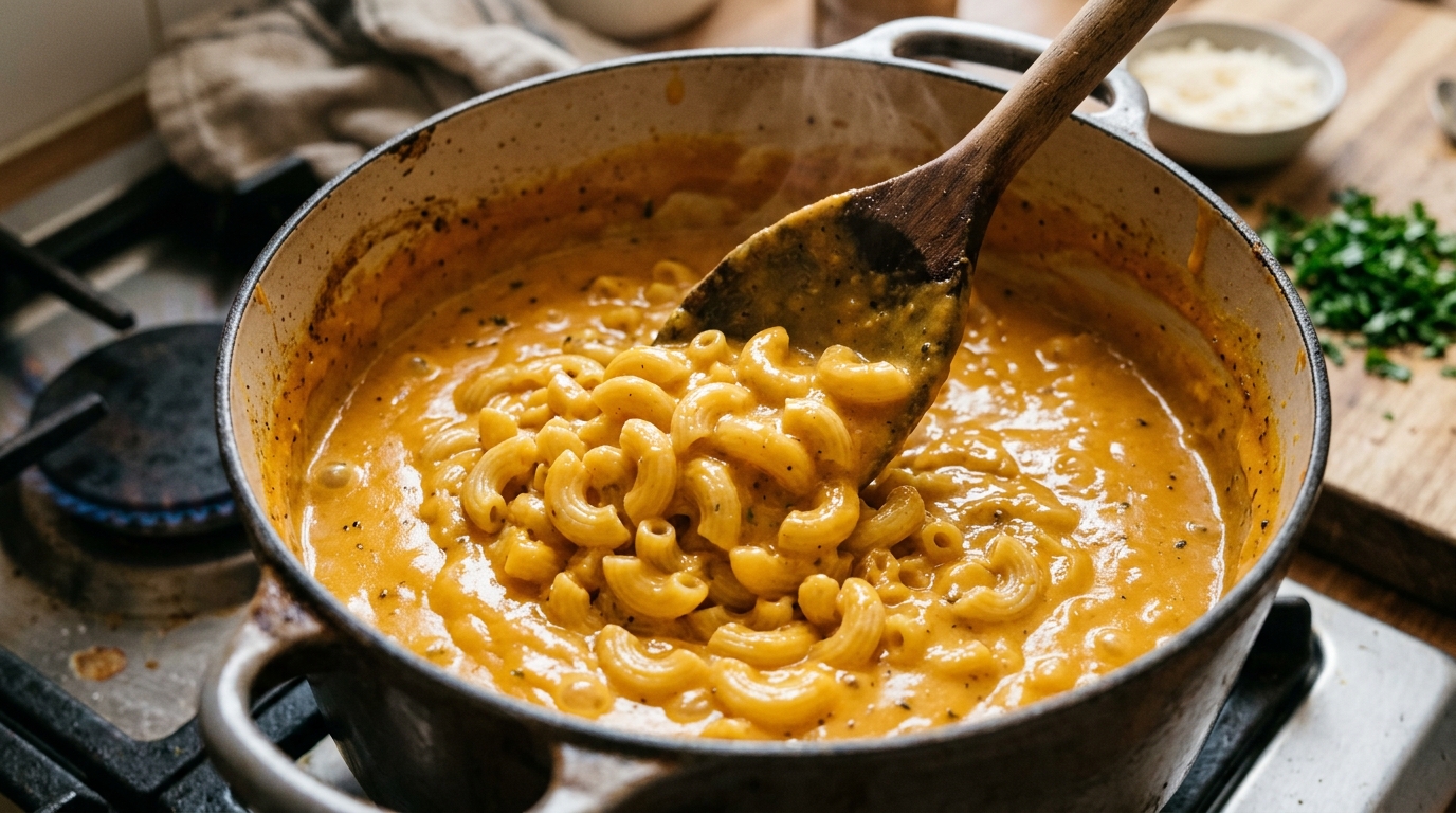Stirring macaroni into butternut squash cheese sauce
