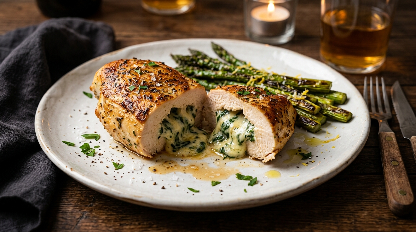 Pan seared stuffed chicken breast with creamy spinach