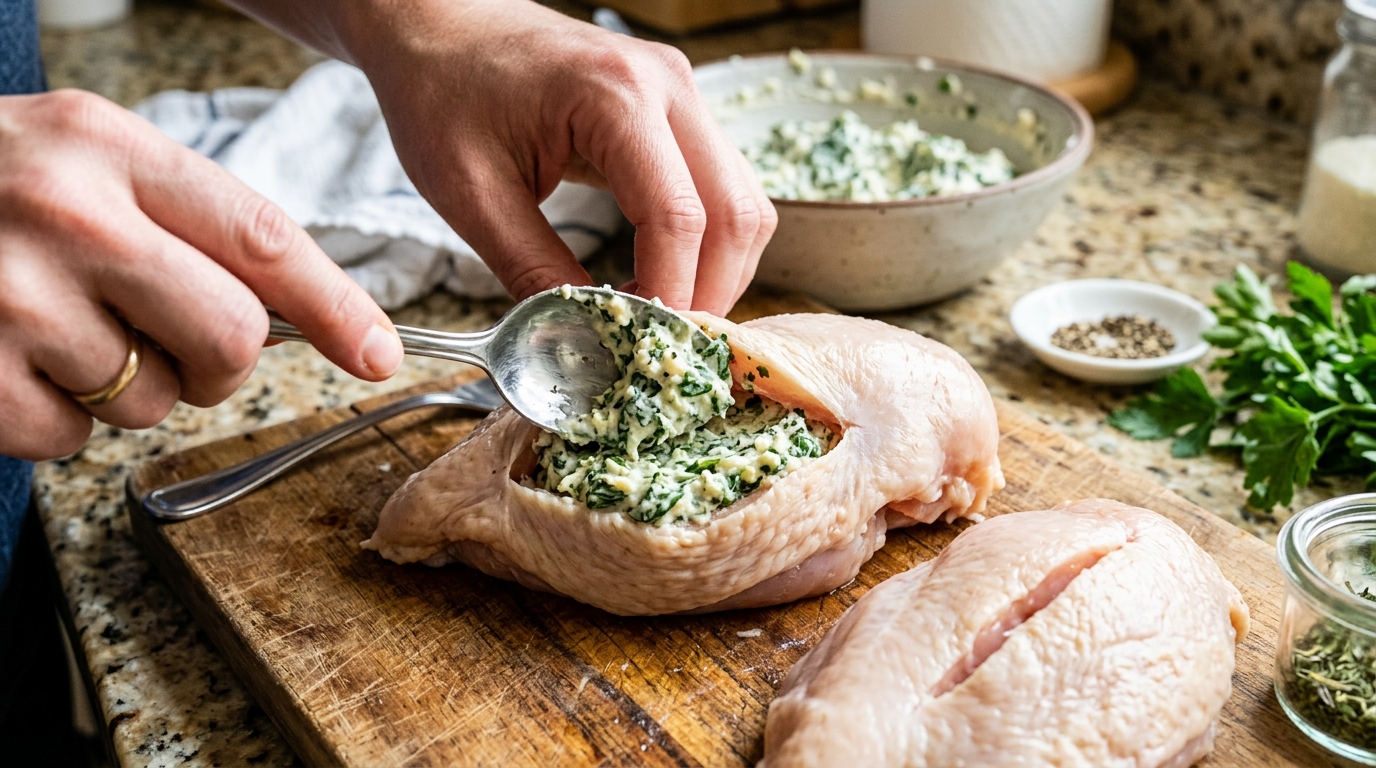 Stuffing raw chicken breast with spinach cream cheese mixture