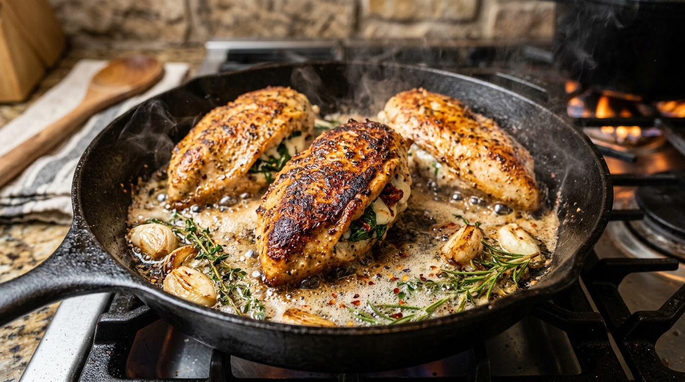 Searing stuffed chicken breasts in a cast iron skillet