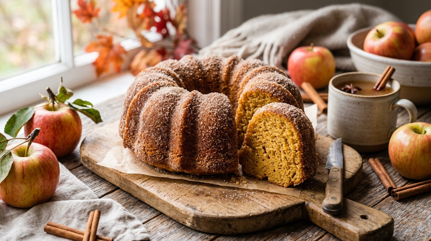 Baked apple cider donut cake in a bundt pan