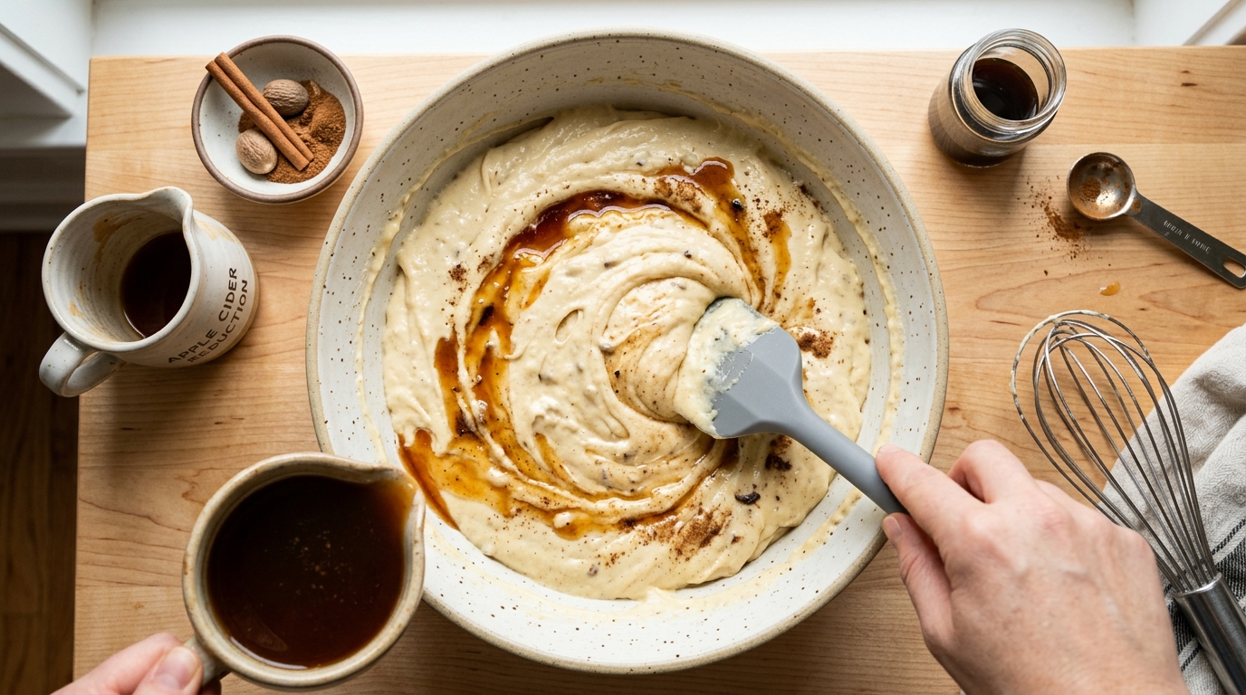 Folding reduced apple cider into cake batter