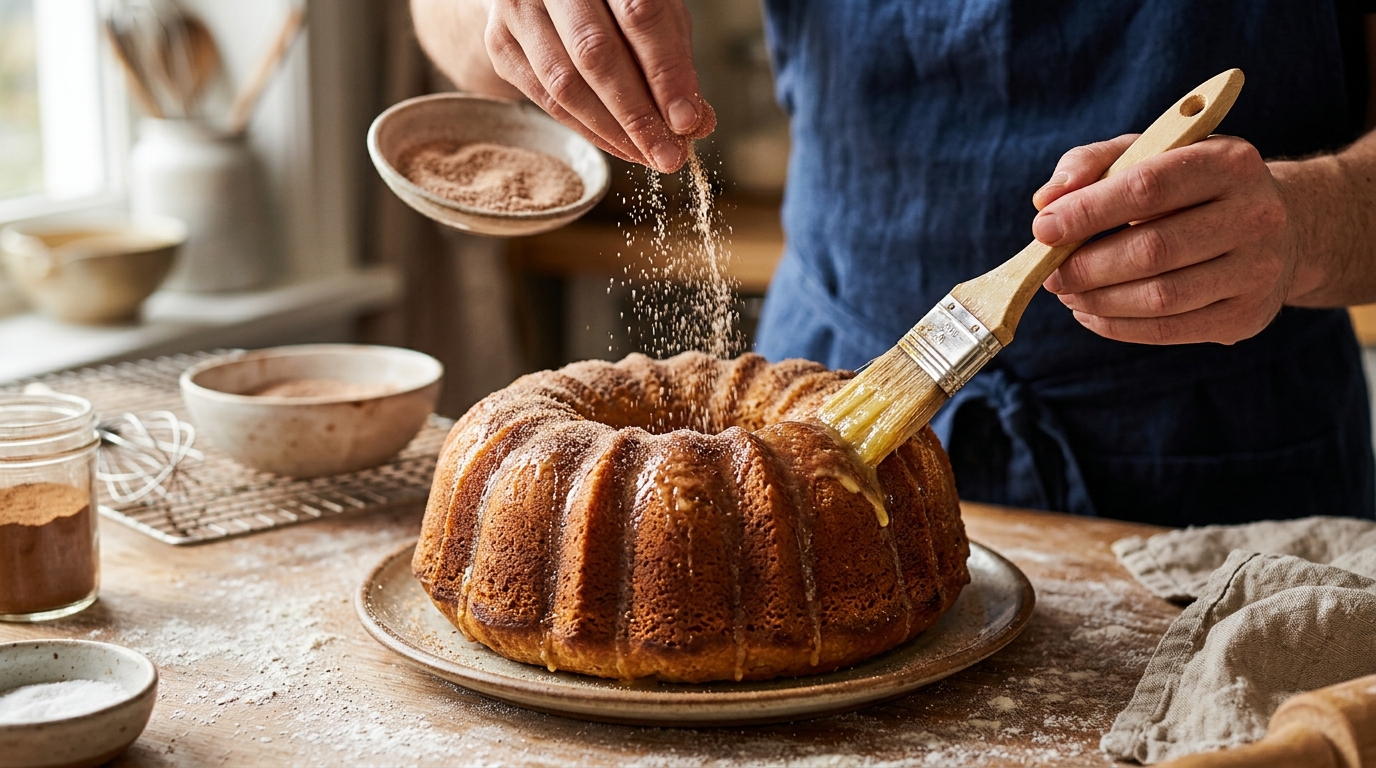 Brushing baked bundt cake with melted butter and cinnamon sugar