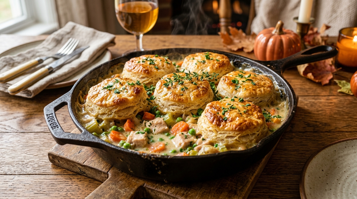 Easy skillet chicken pot pie with biscuits in a cast iron pan