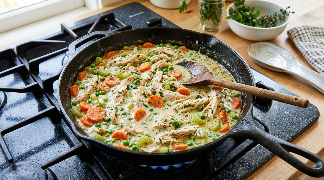 Simmering chicken and vegetables in creamy sauce in a skillet