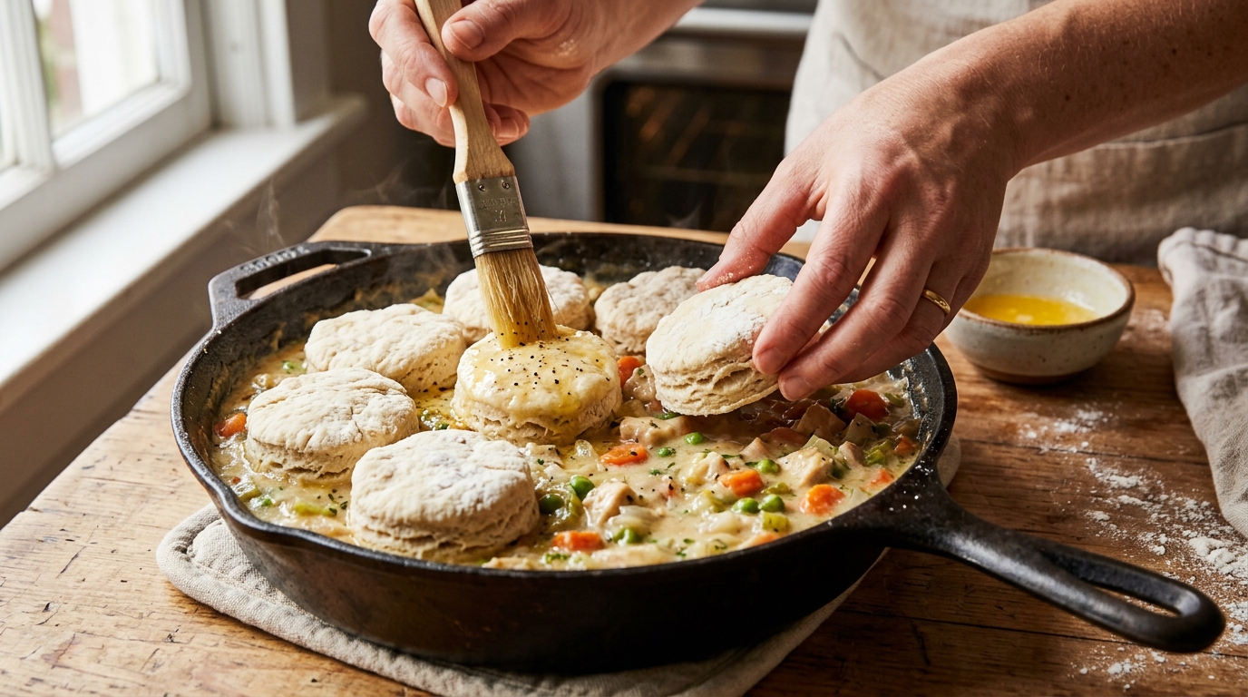 Arranging buttermilk biscuits on top of chicken pot pie filling