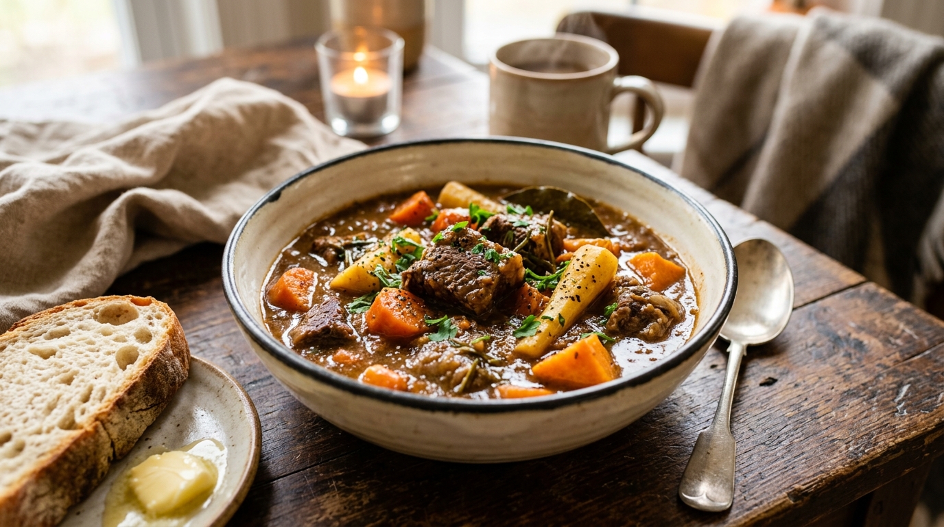 Rustic bowl of thick slow cooker beef stew with carrots and parsnips