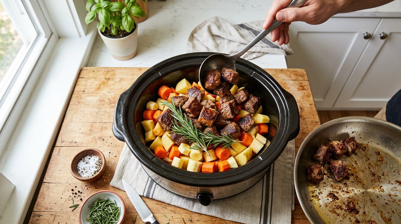 Adding cubed beef and root vegetables to a slow cooker