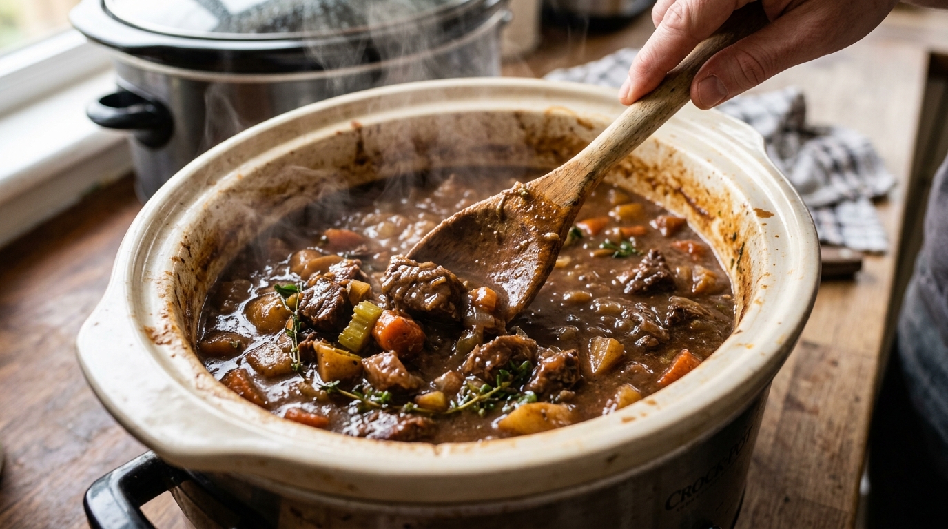 Stirring thick simmering beef stew in a slow cooker