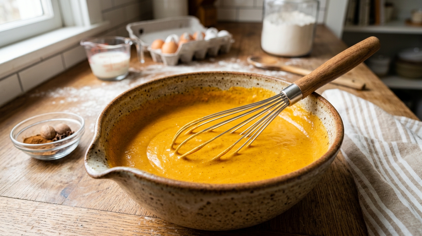 Mixing pumpkin pancake batter in a bowl