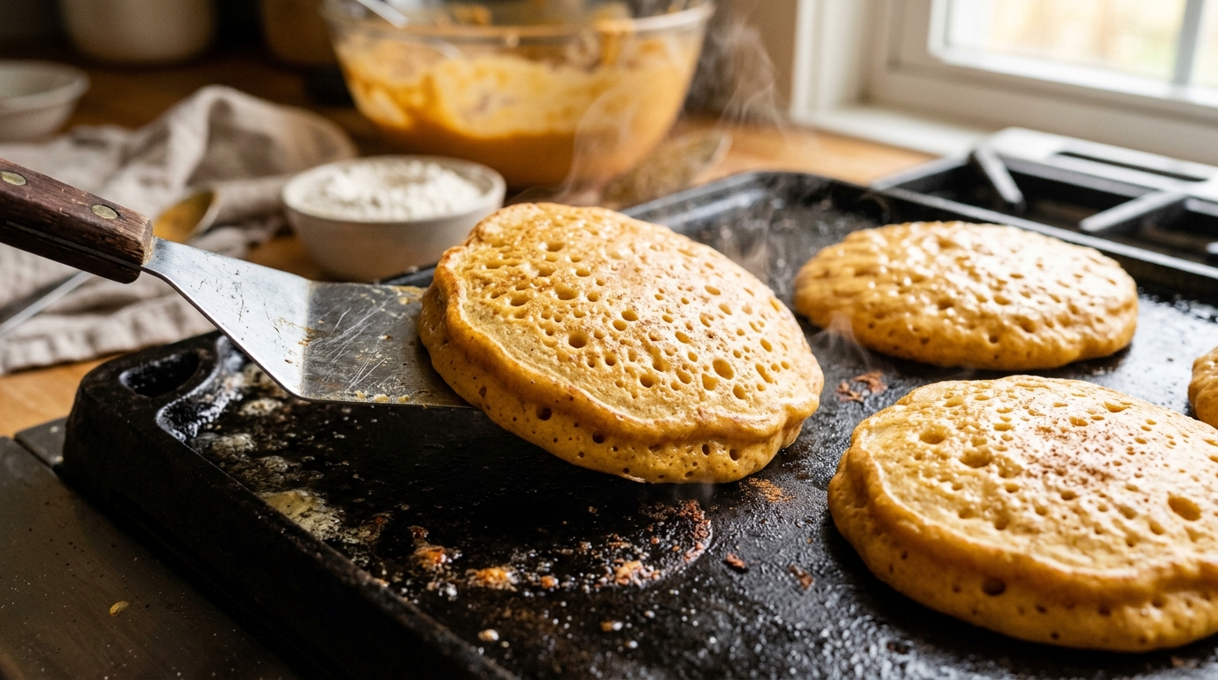 Flipping golden pumpkin pancakes on a griddle