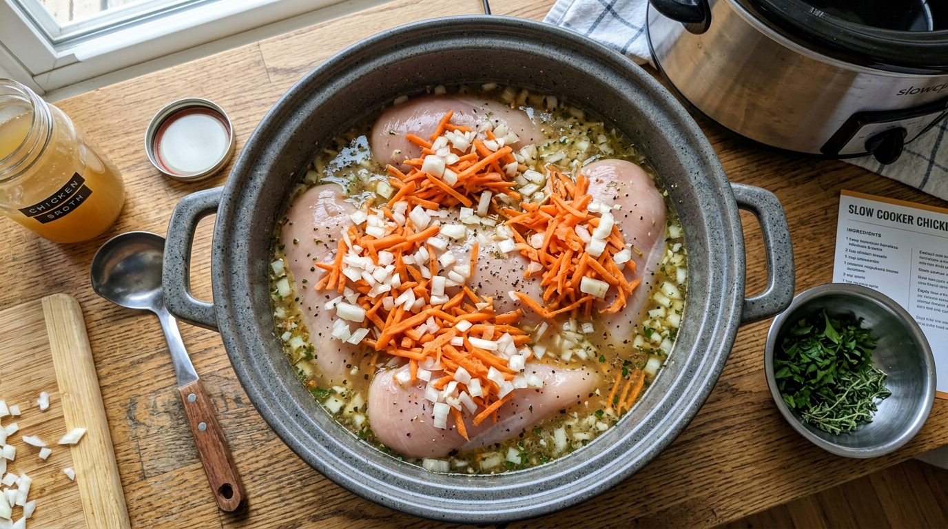 Raw chicken breasts and vegetables in a slow cooker