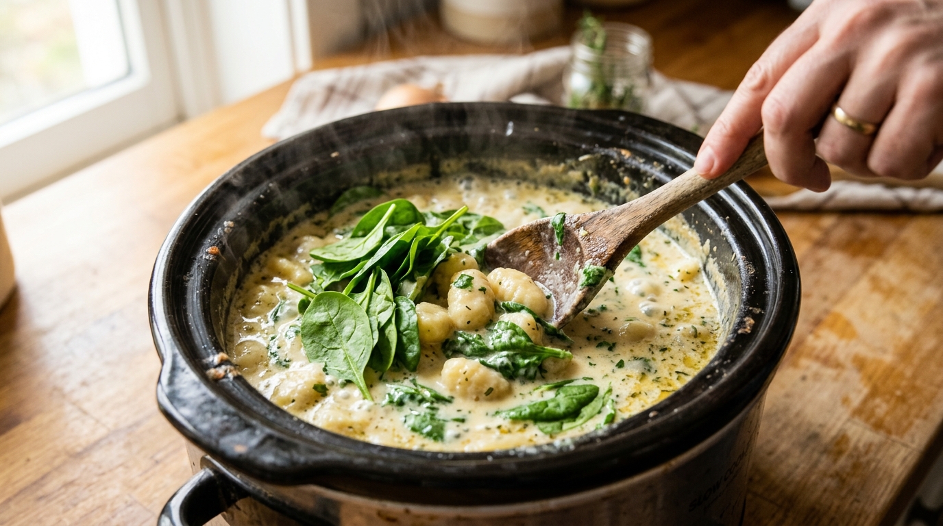 Stirring fresh spinach and gnocchi into creamy soup